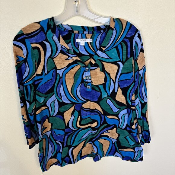 Chicos Womens Shirt Abstract Print 3/4 Sleeve Top Blue Green Size 0 US Medium - Picture 7 of 7
